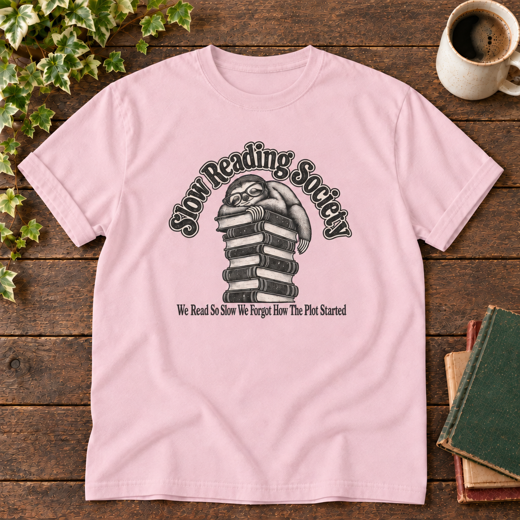 Blossom sloth Slow Reading Society tee with blank neckline