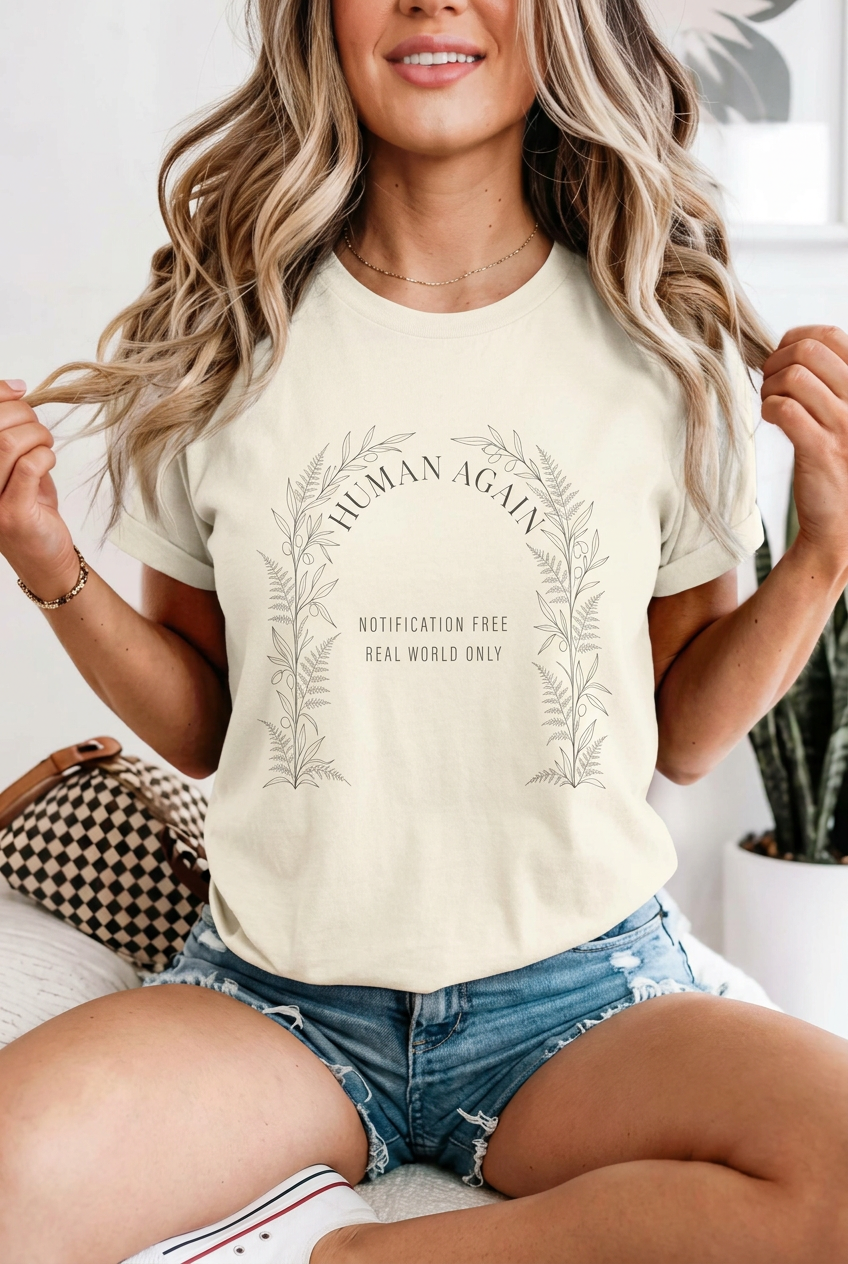 Seated blonde model wearing the human again botanical graphic t-shirt in Ivory with denim shorts