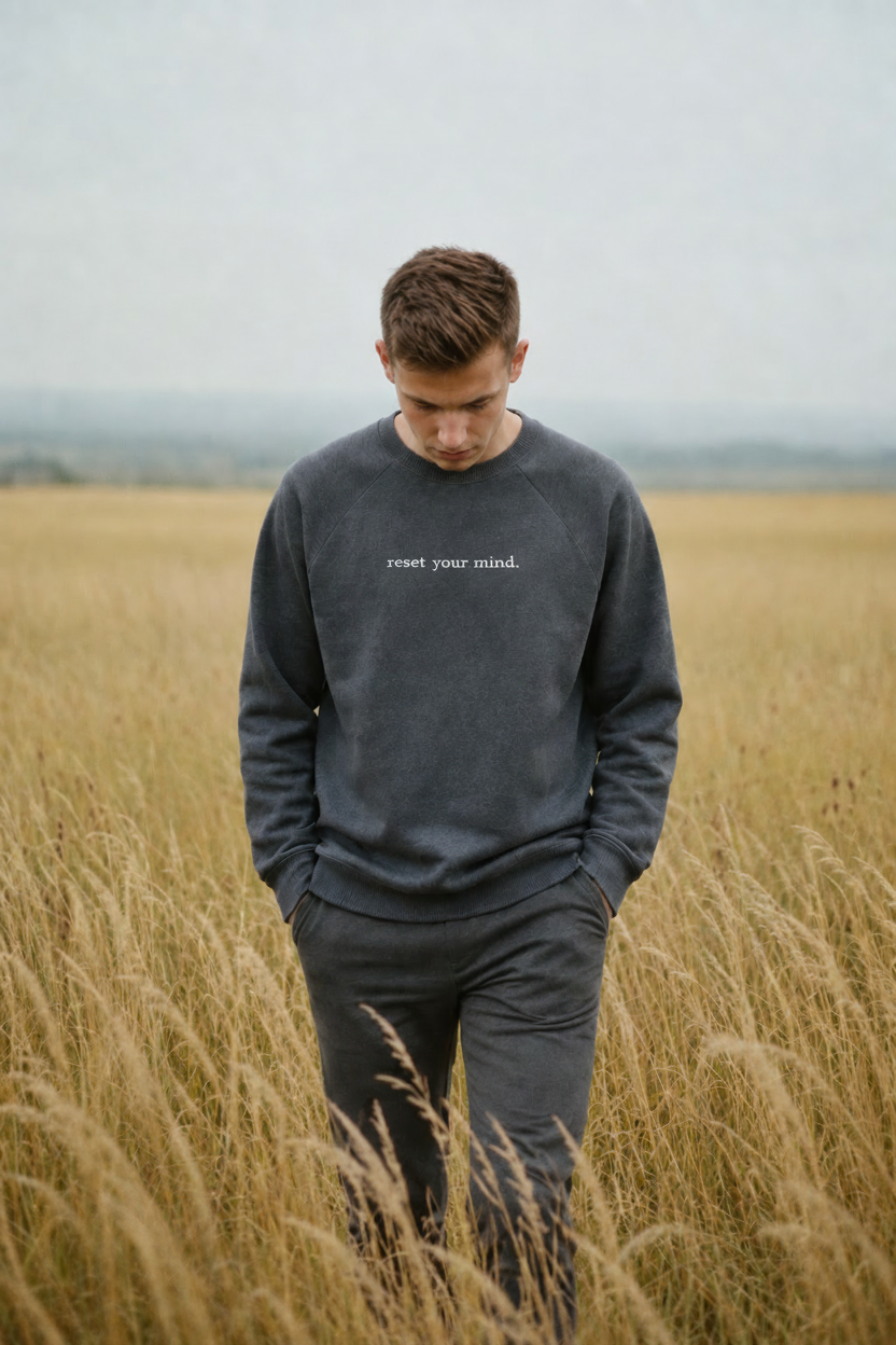 Heather Navy - reset your mind. lifestyle wheat field