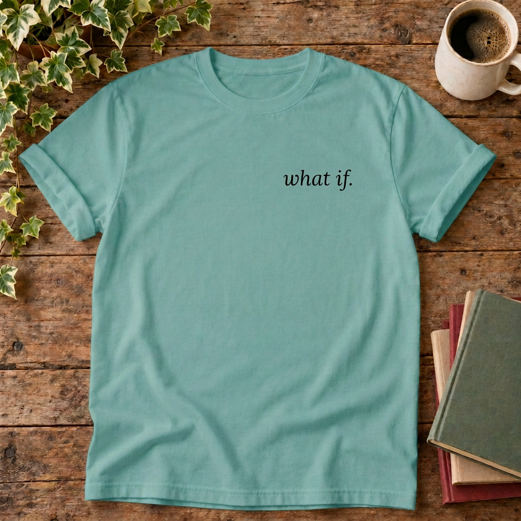 what if. Seafoam t-shirt flat lay with black lettering
