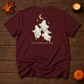 no thanks. maroon t-shirt back ghosts print, Halloween flat lay