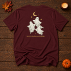 no thanks. maroon t-shirt back ghosts print, Halloween flat lay