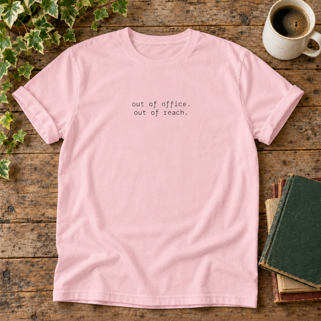 Out of office. Out of reach. Blossom t-shirt flat lay