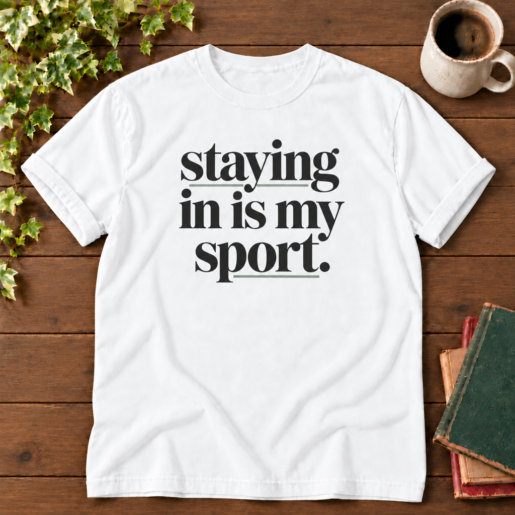Staying in is my sport White, folded sleeve flat lay with smooth timber, mug and books