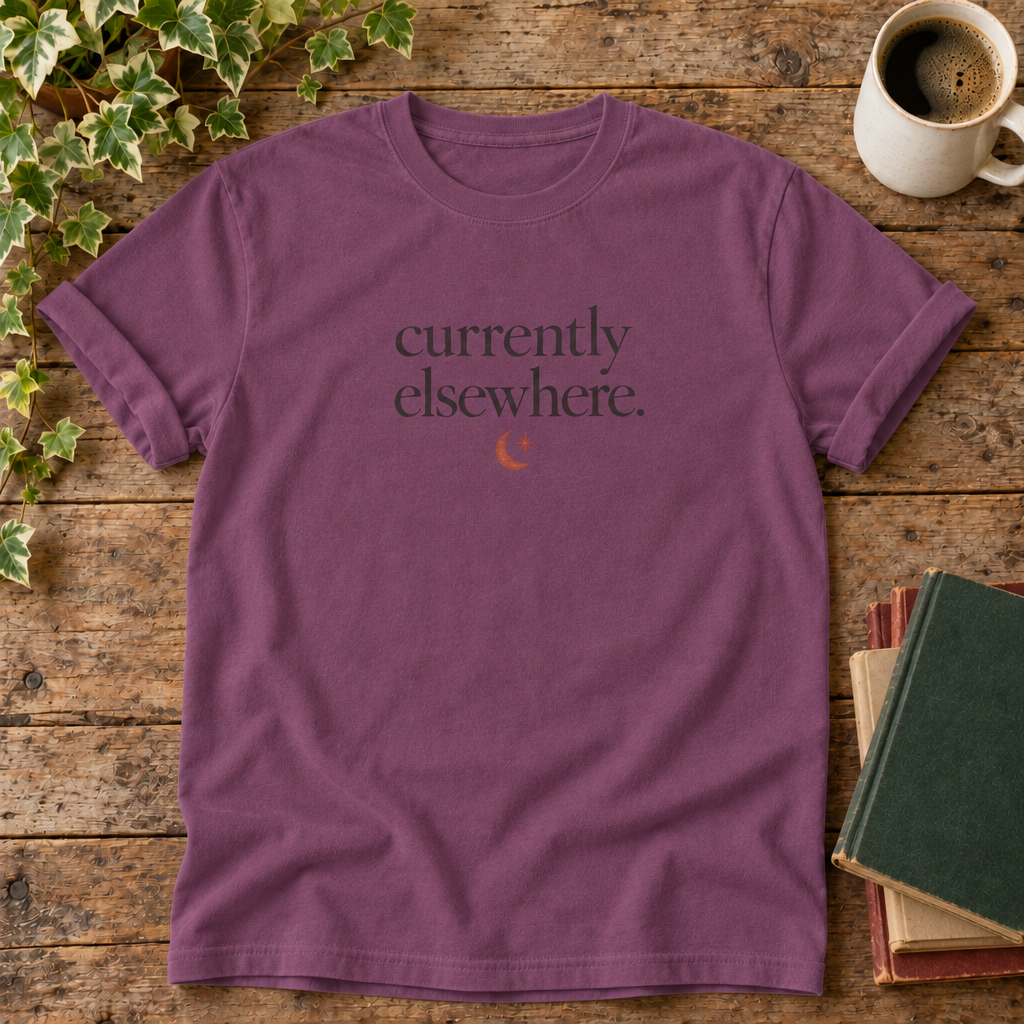 Currently elsewhere. Berry t-shirt flat lay