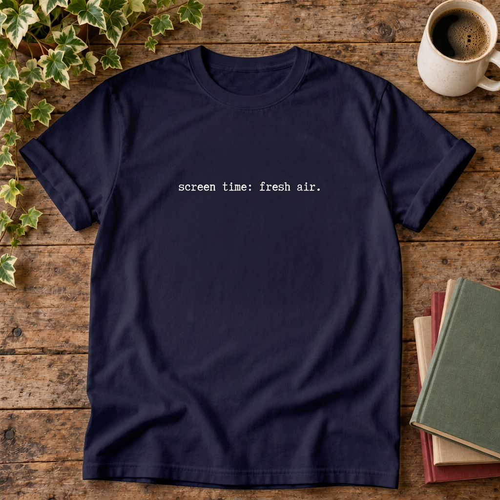 True Navy screen time fresh air t-shirt, rustic wood flat lay