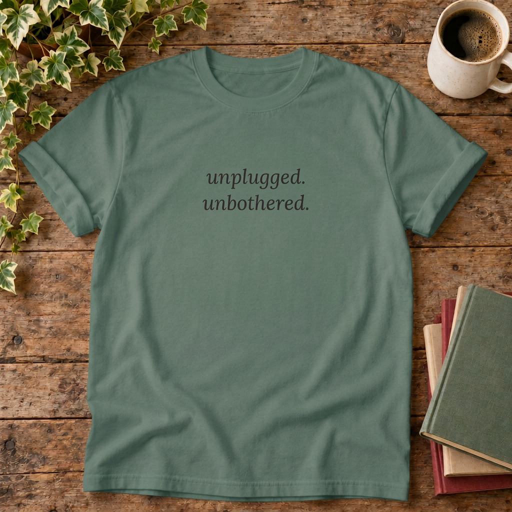 Unplugged unbothered T-shirt in Blue Spruce, stylised flat lay