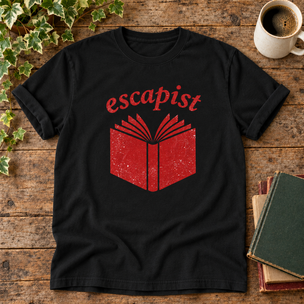Escapist Black t-shirt flat lay