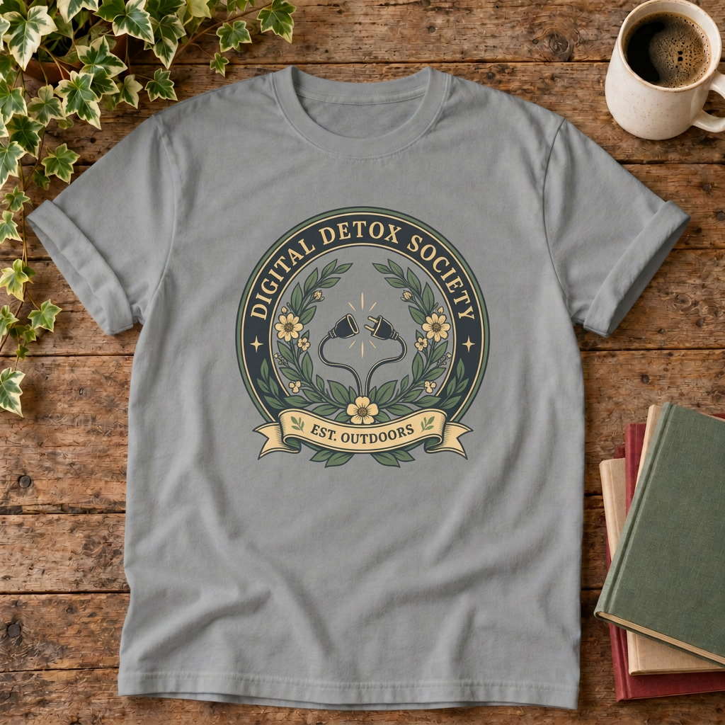 Digital detox society t-shirt in Grey, rustic flat lay with corrected larger graphic