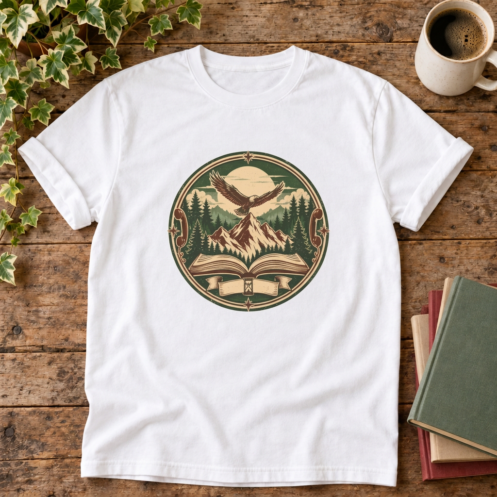 Mountain adventure vintage t-shirt in White, rustic flat lay