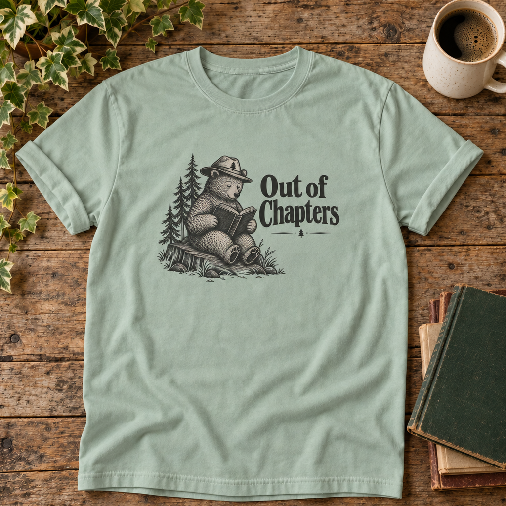 Reading Bear Out of Chapters tee in Bay, flat lay with blank antique books