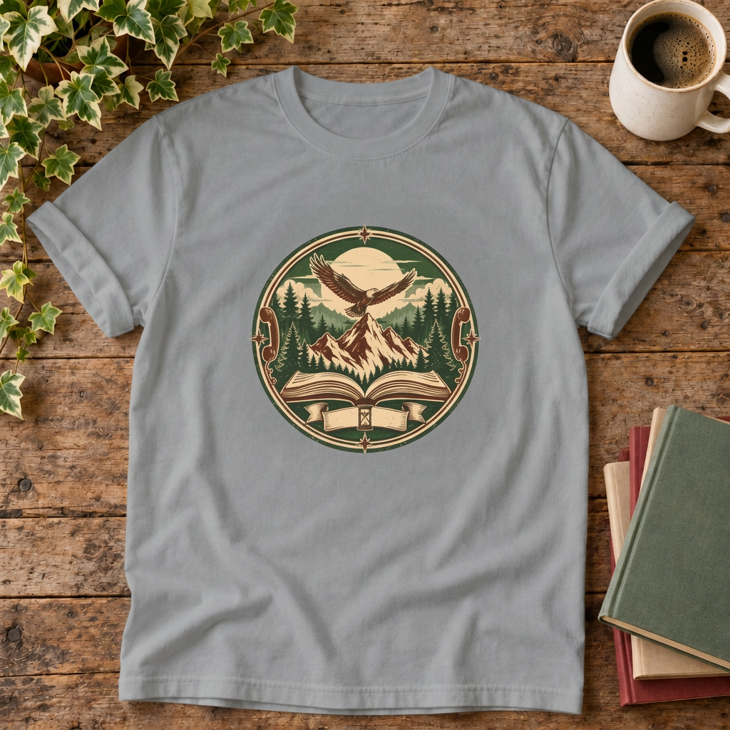Mountain adventure vintage t-shirt in Grey, rustic flat lay