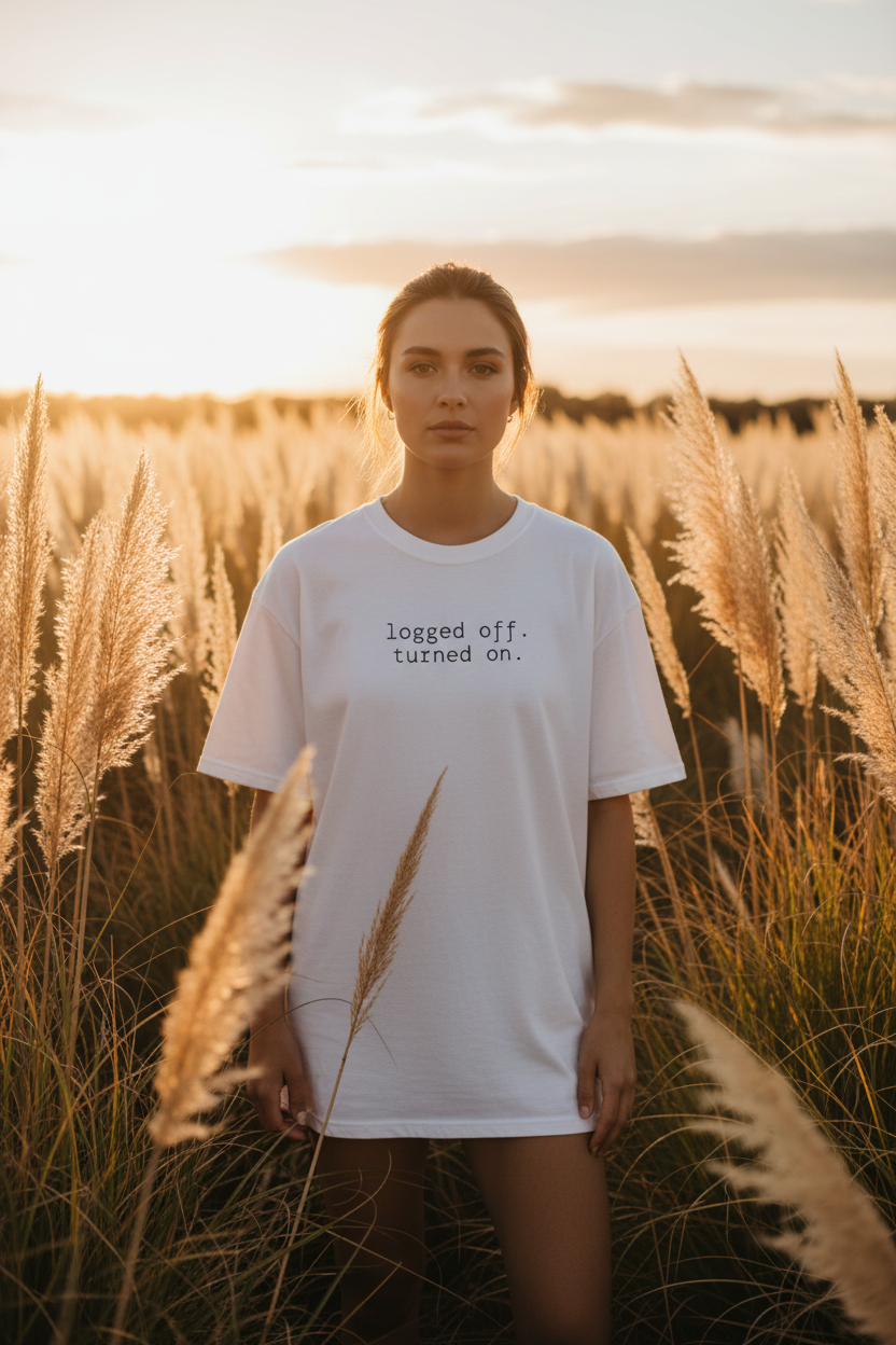 logged off. turned on. — white relaxed fit, pampas field lifestyle editorial
