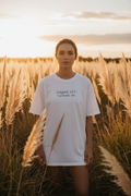 logged off. turned on. — white relaxed fit, pampas field lifestyle editorial