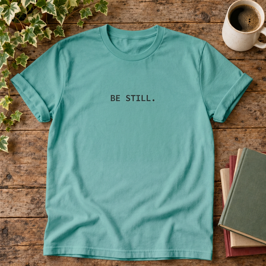 Seafoam BE STILL. t-shirt, rustic wood flat lay