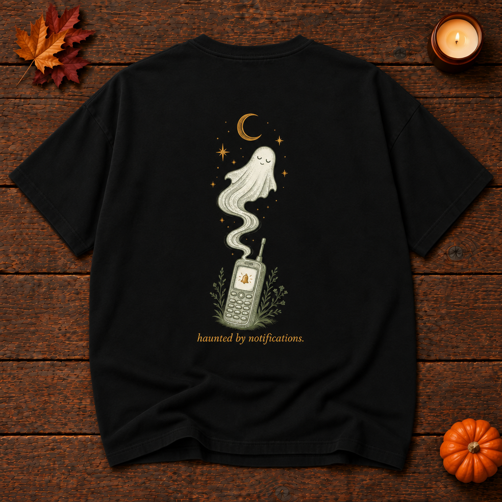 read at 11:47pm. black relaxed fit t-shirt back, haunted by notifications ghost print