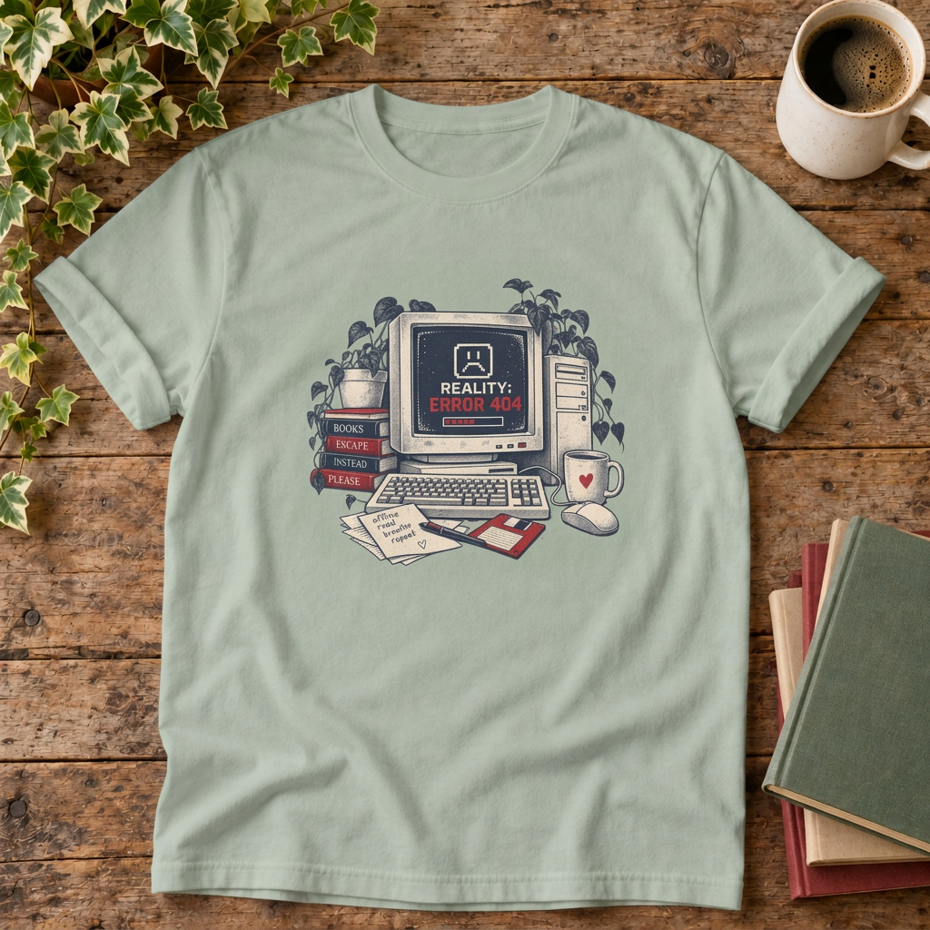 Reality error 404 t-shirt in Bay, rustic flat lay