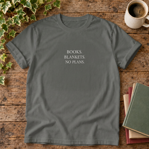 Books blankets no plans t-shirt in Pepper, rustic wood flat lay