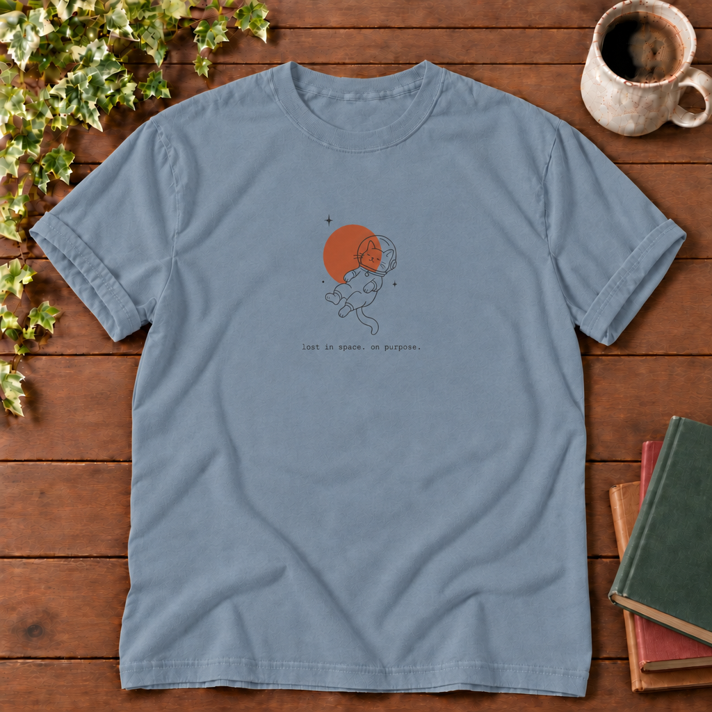 Astronaut cat Blue Jean, lost in space on purpose, smooth wood flat lay