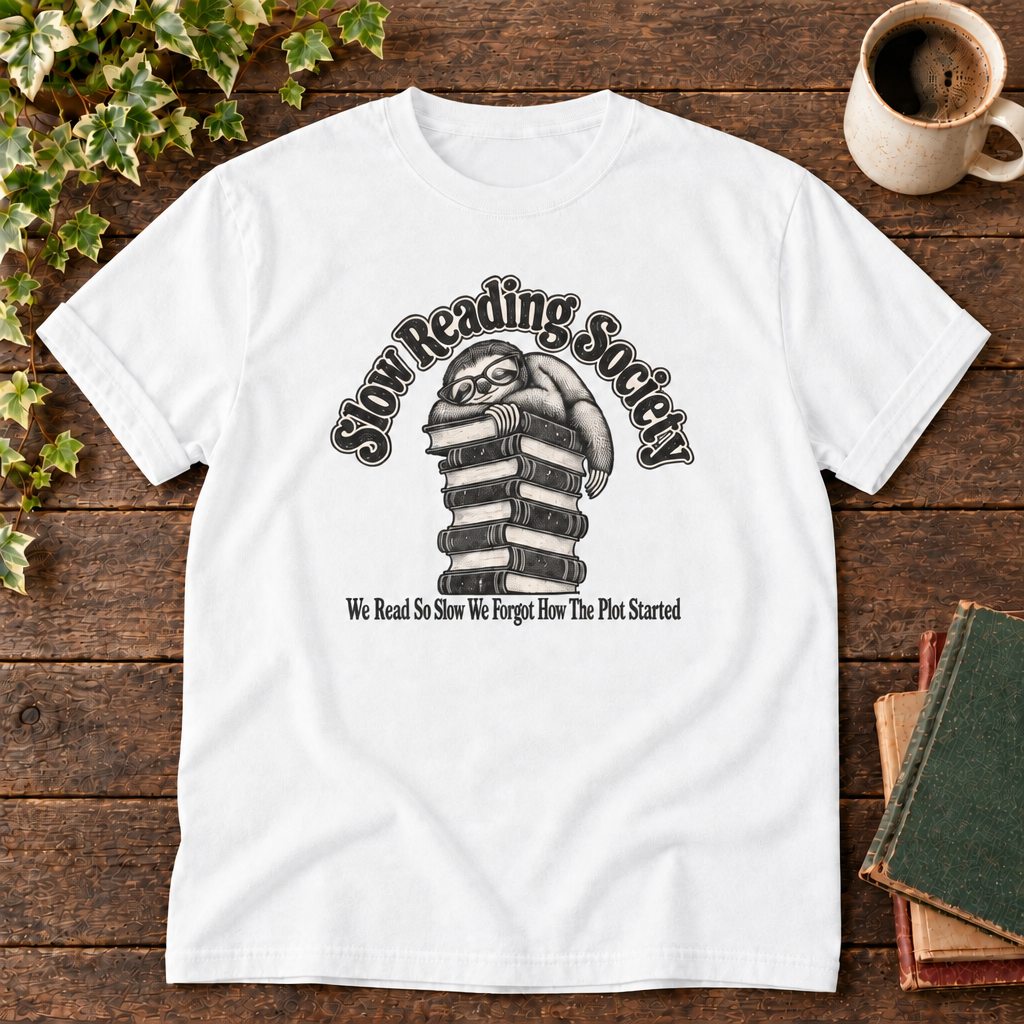 White sloth Slow Reading Society tee with blank neckline