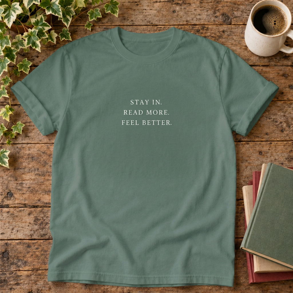 Stay in read more feel better t-shirt in Blue Spruce, rustic wood flat lay