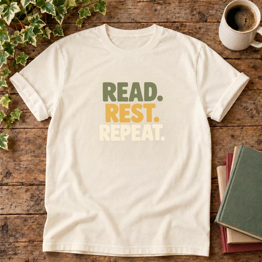 Read rest repeat t-shirt in Ivory, rustic wood flat lay