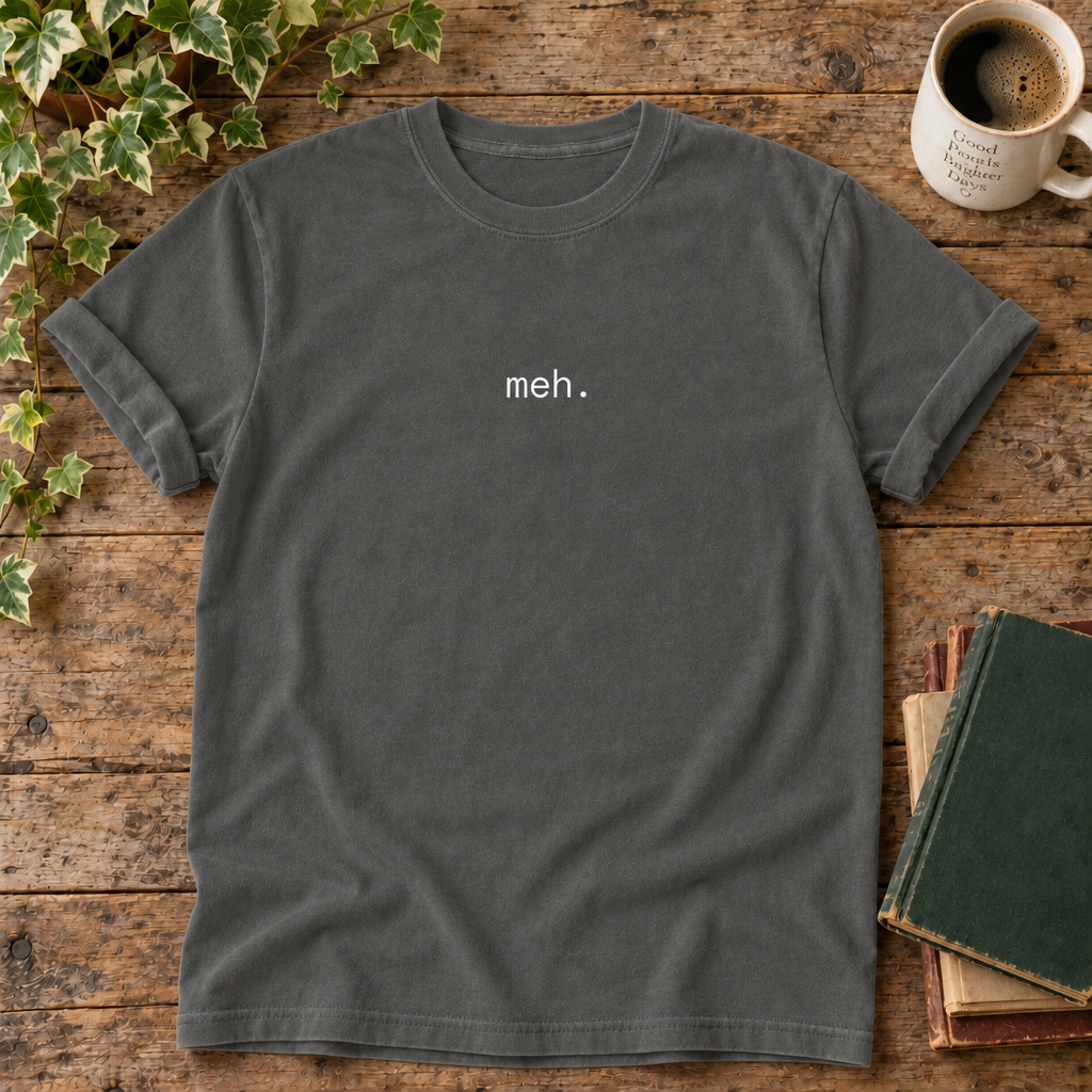 Meh Pepper Comfort Colors flat lay with weathered wood and blank book cover