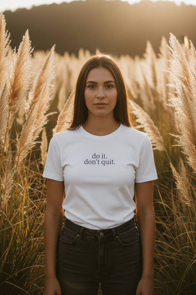 do it. don't quit. — fitted white tee, pampas field lifestyle editorial