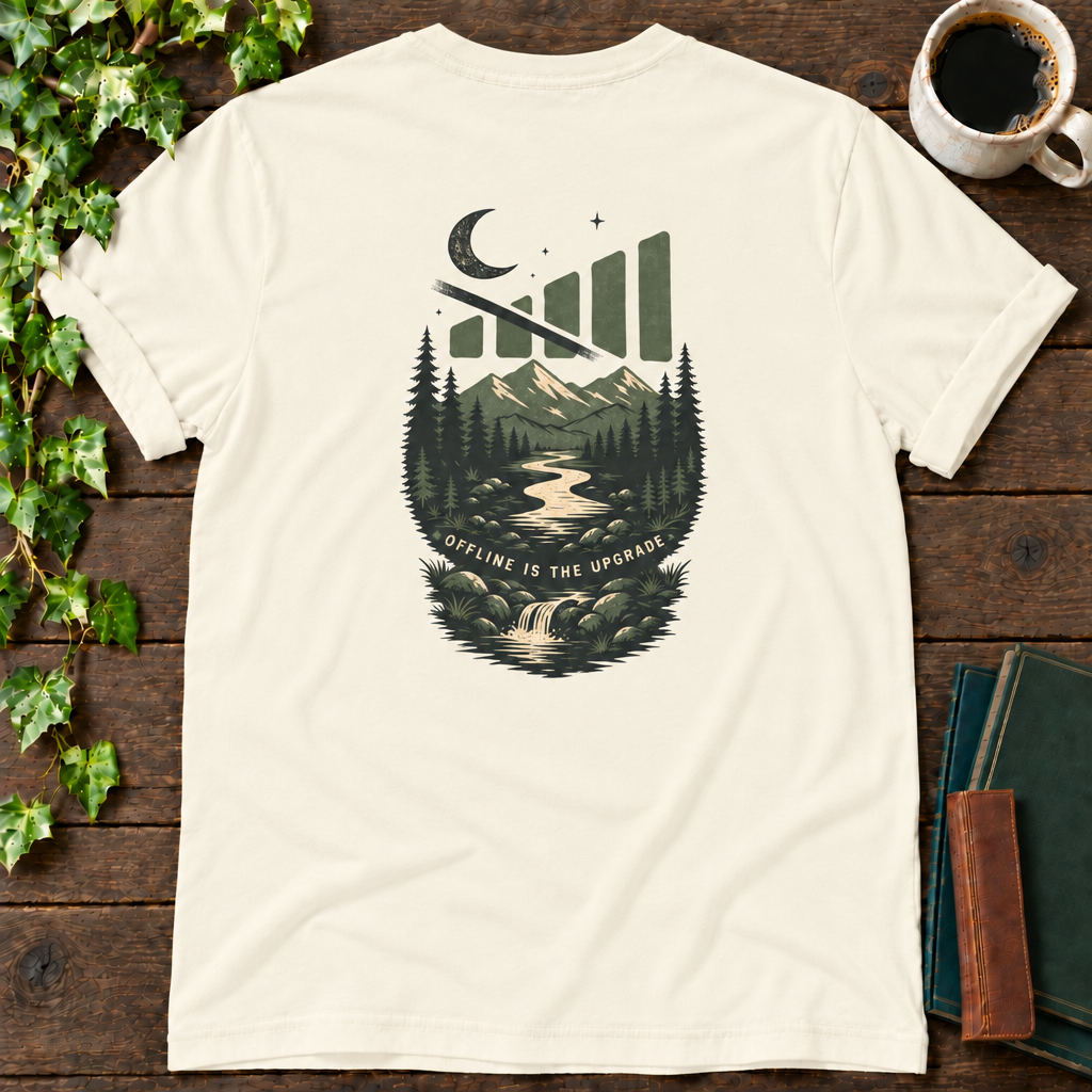 offline mode nature. natural t-shirt back print flat lay