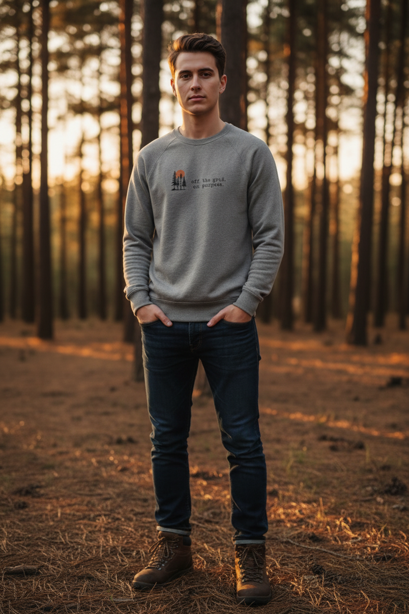 Off the grid on purpose - Athletic Heather lifestyle shot