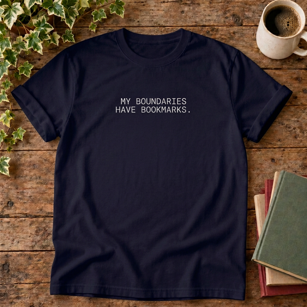 My boundaries T-shirt in darker True Navy with white lettering, stylised flat lay