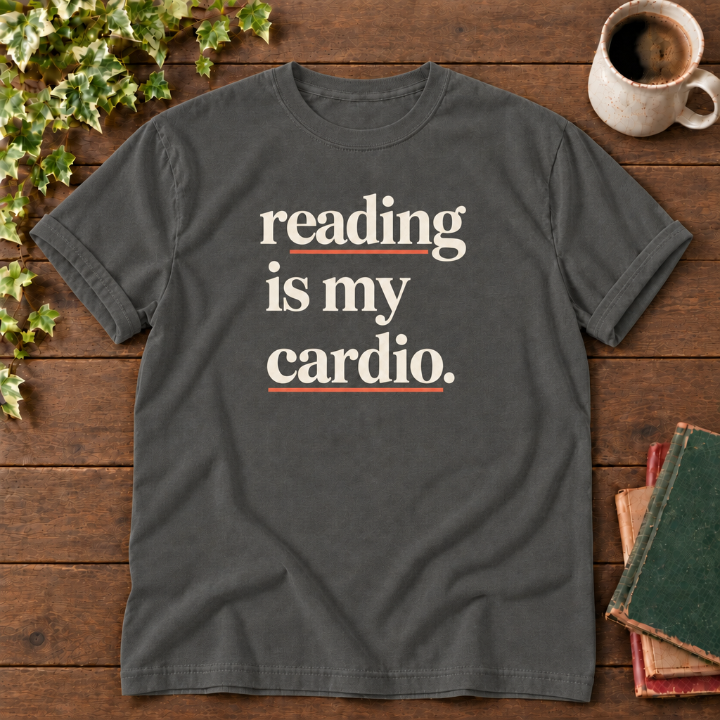 Reading is my cardio Pepper, smooth timber, aligned coffee mug and green red tan books