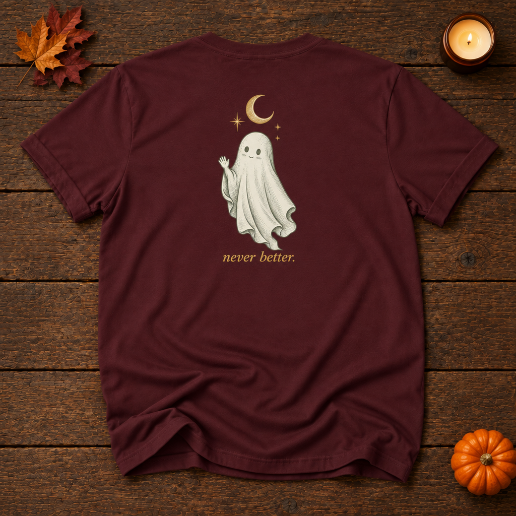 never better. maroon t-shirt back ghost print, Halloween flat lay