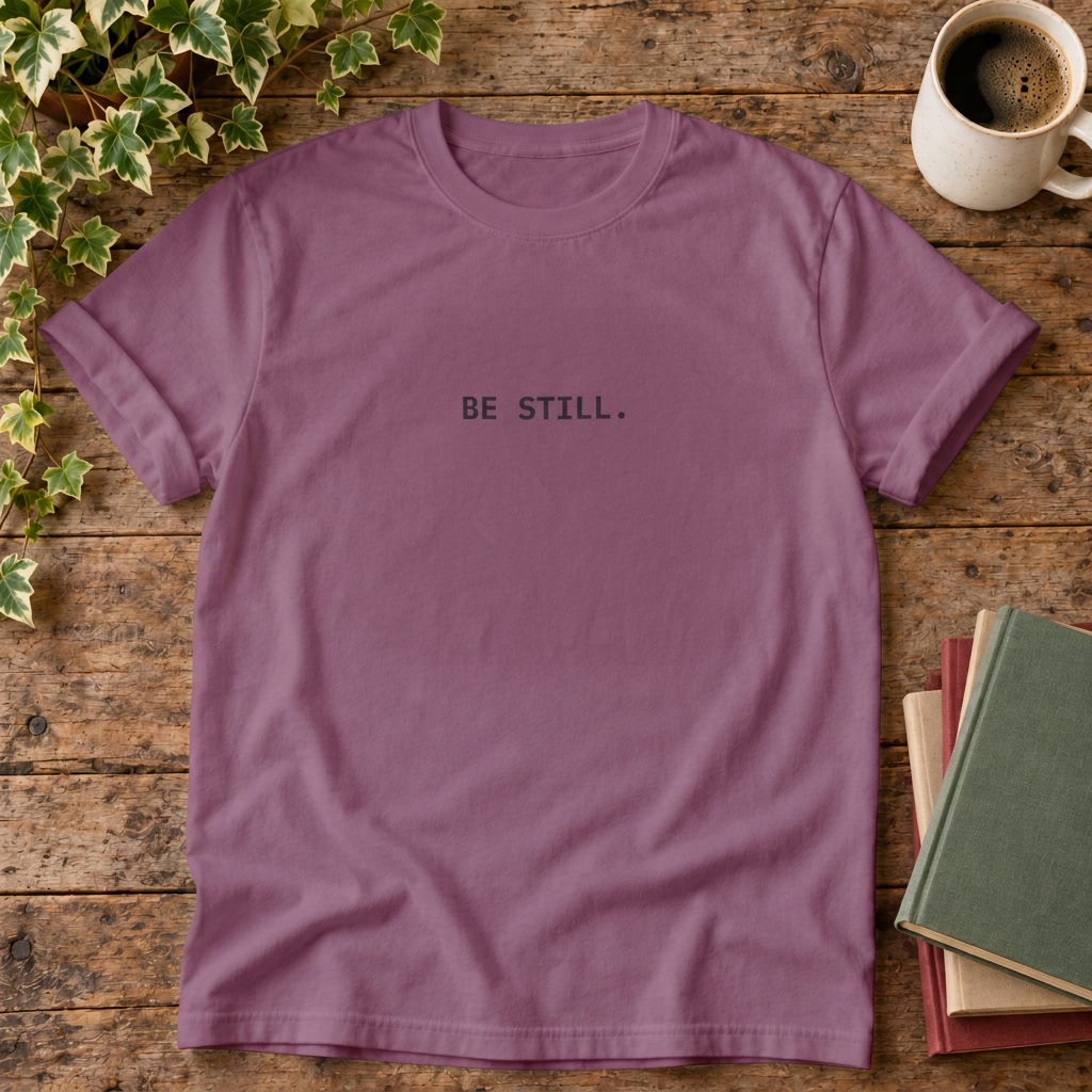 Berry BE STILL. t-shirt, rustic wood flat lay