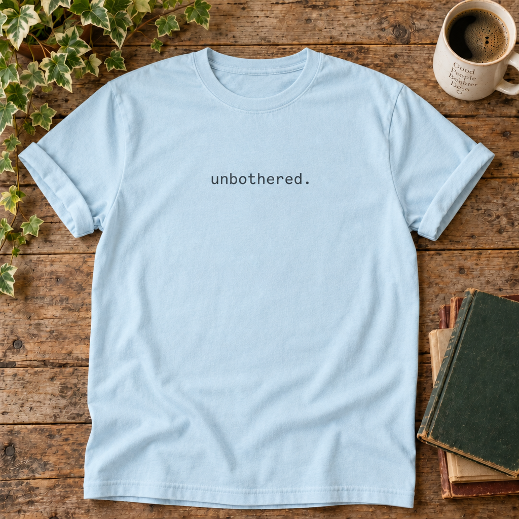 Unbothered. Chambray t-shirt weathered-wood flat lay