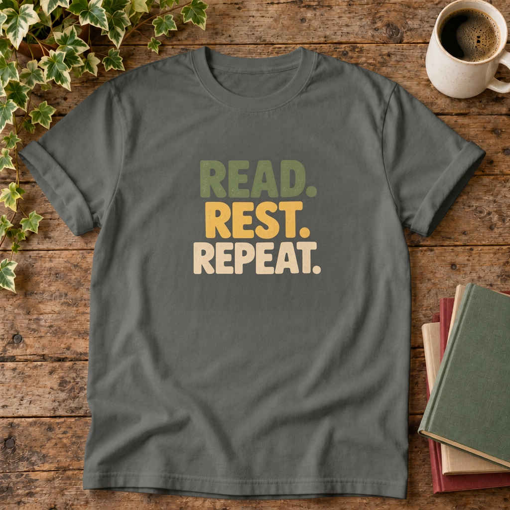 Read rest repeat t-shirt in Pepper, rustic wood flat lay