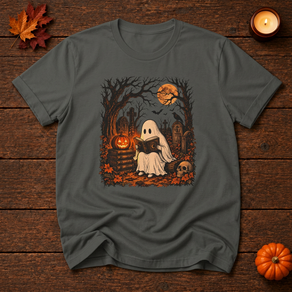 Spooky ghost cemetery front-print t-shirt in Pepper on dark wood with autumn leaves, candle and pumpkin