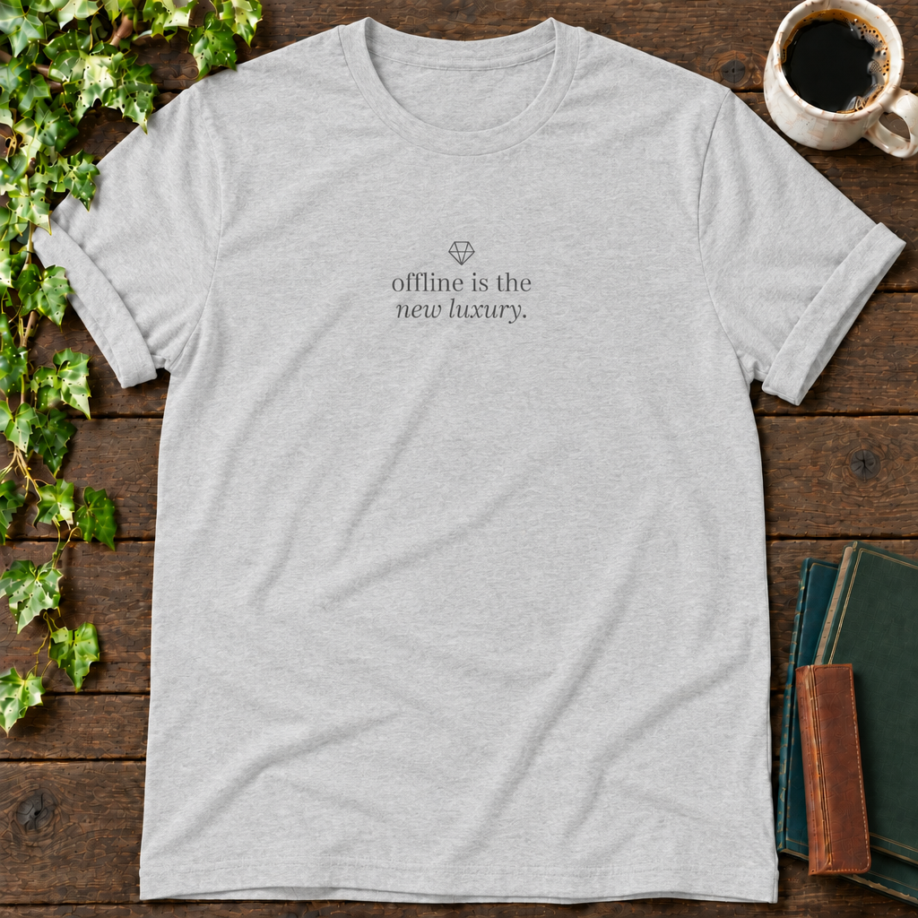 offline is the new luxury. athletic heather t-shirt flat lay