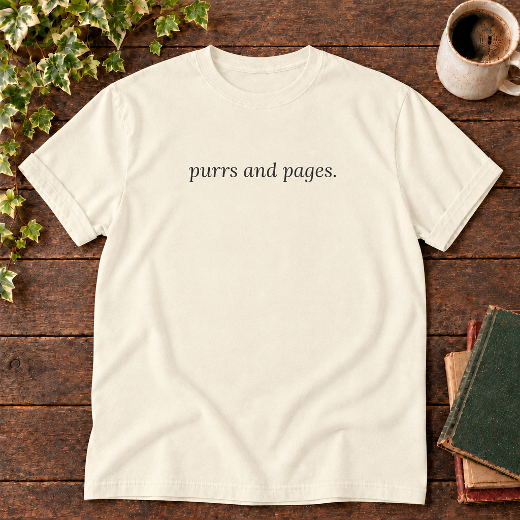 Ivory purrs and pages tee with plain neckline