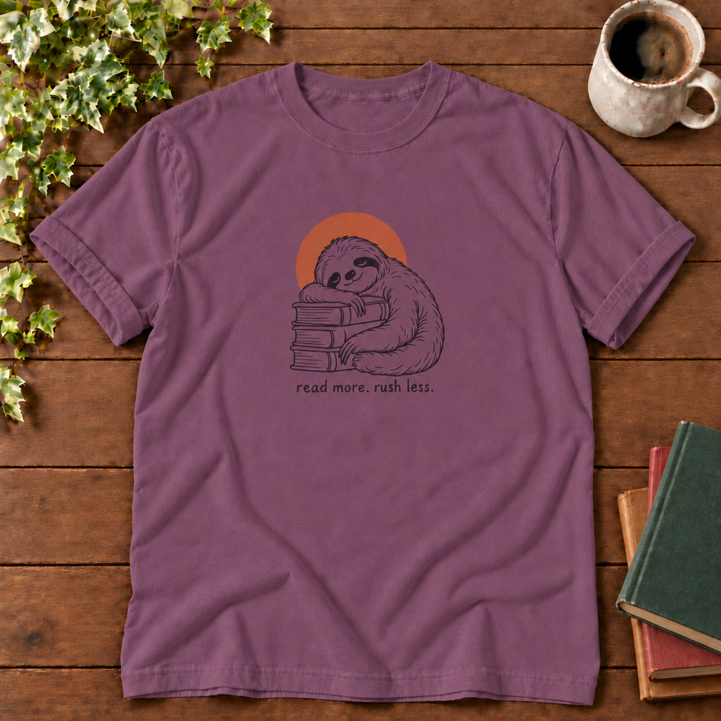 Read more rush less Berry sloth flat lay, smooth wood and clean book stack