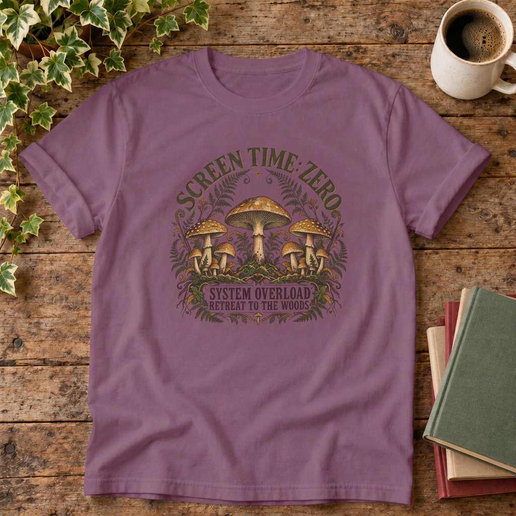 Screen time zero mushroom t-shirt in Berry, rustic flat lay