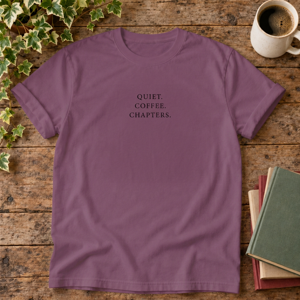 Quiet coffee chapters t-shirt in Berry, rustic wood flat lay