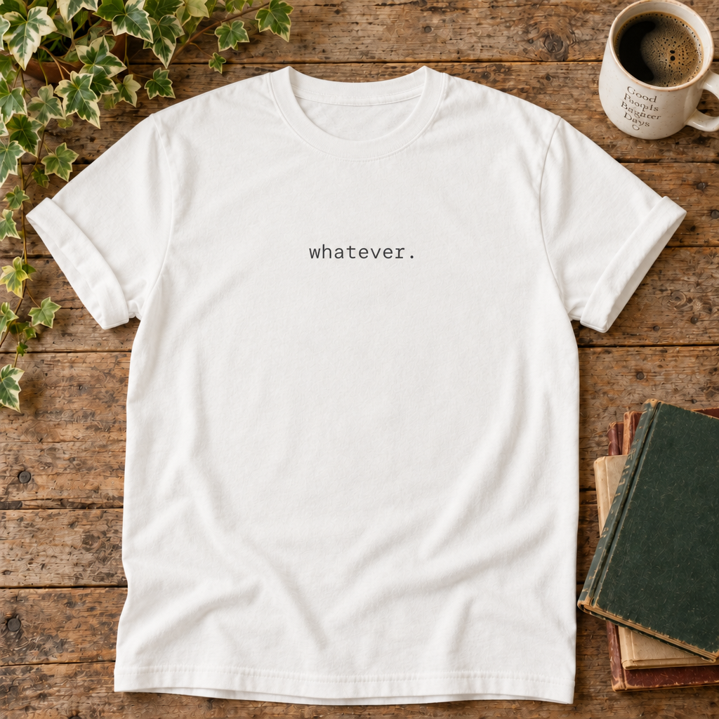 Whatever. White t-shirt weathered-wood flat lay