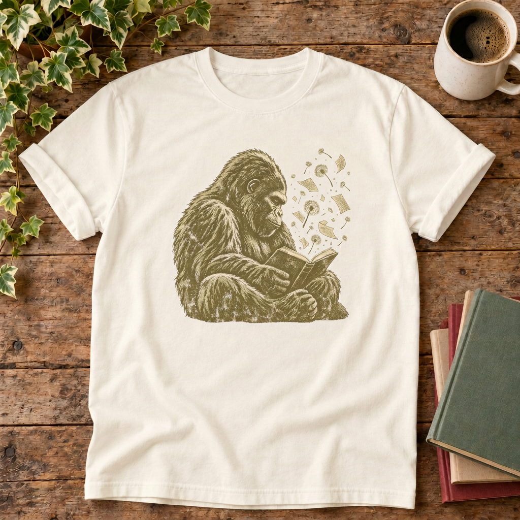 Gorilla Reading T-shirt in Ivory, stylised flat lay