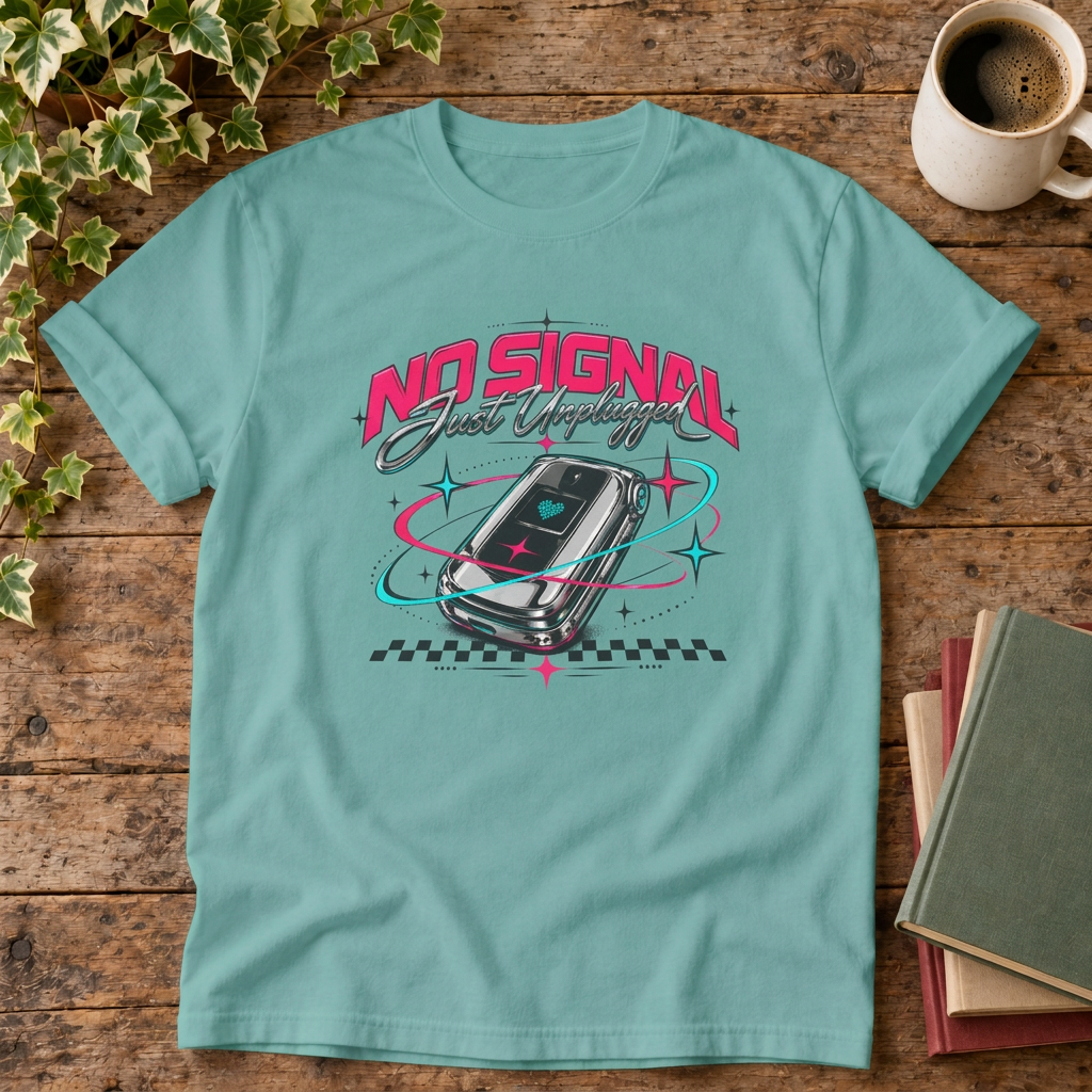 No signal retro t-shirt in Seafoam, rustic flat lay