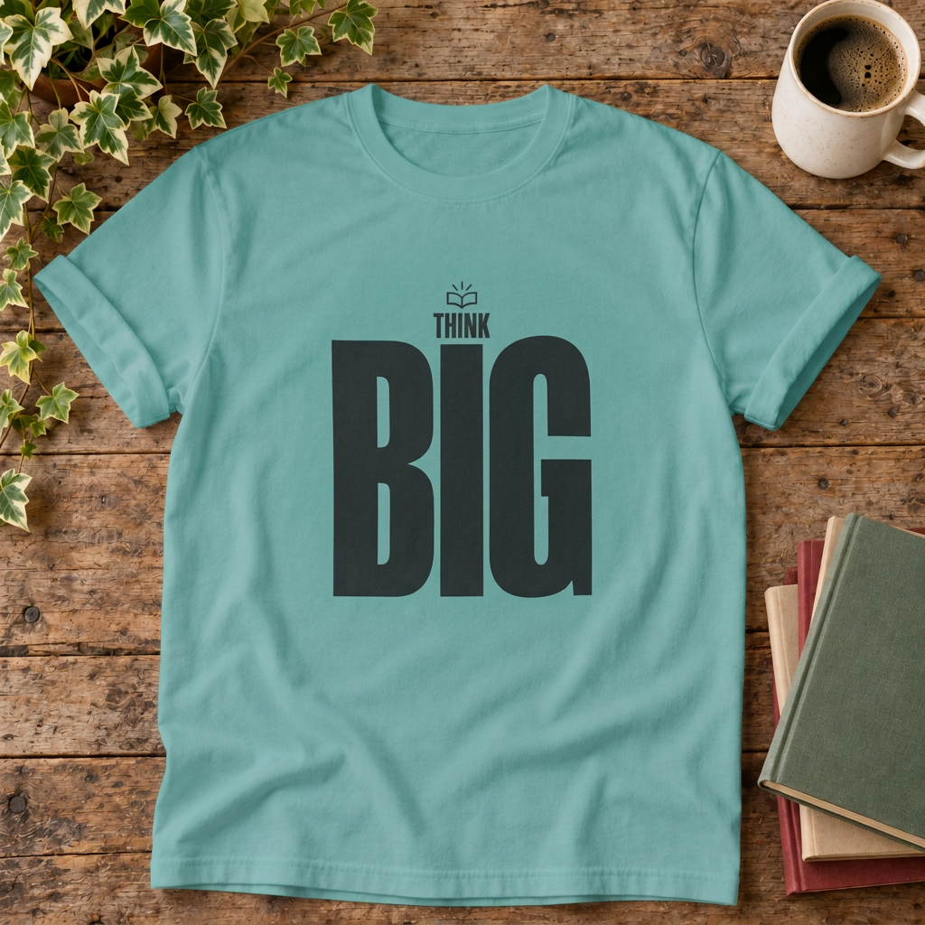 Think Big Seafoam T-shirt wood-and-books flat lay