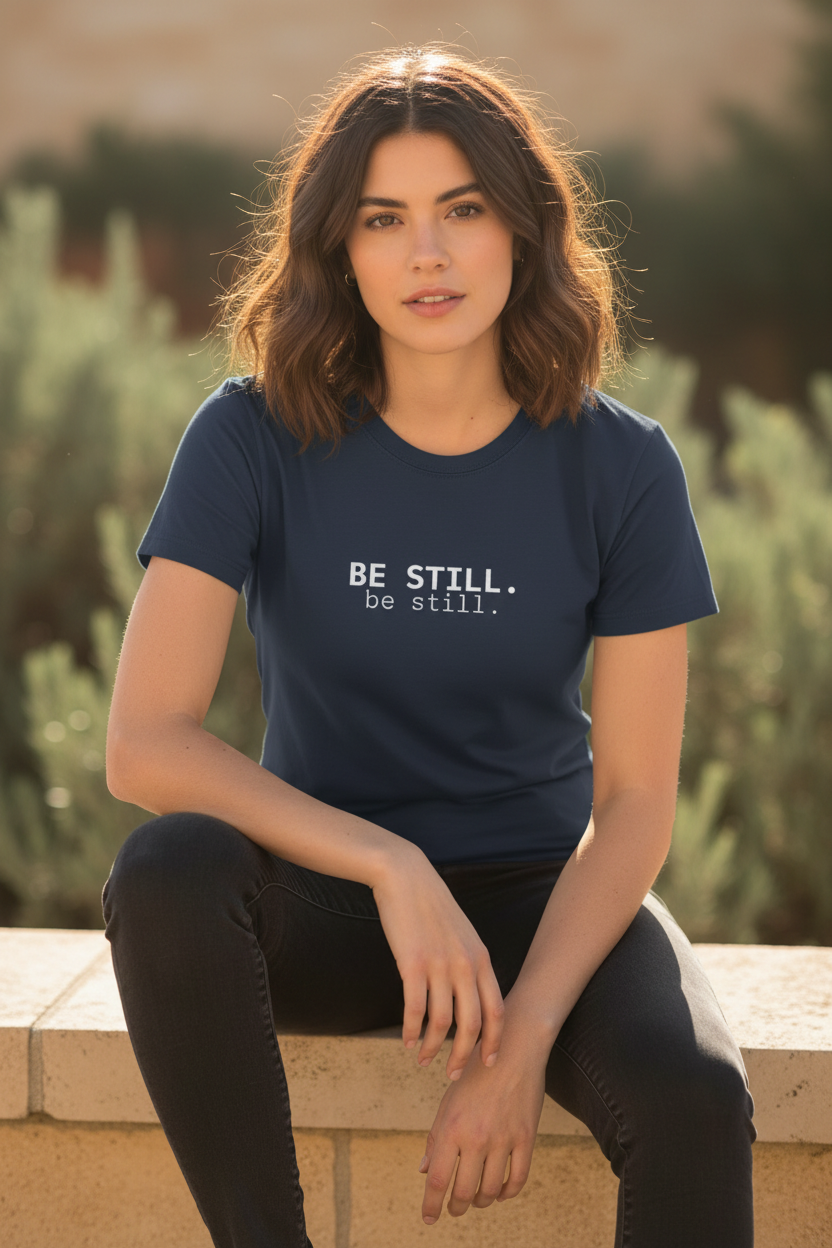 BE STILL. be still. — navy tee lifestyle editorial, slow living aesthetic