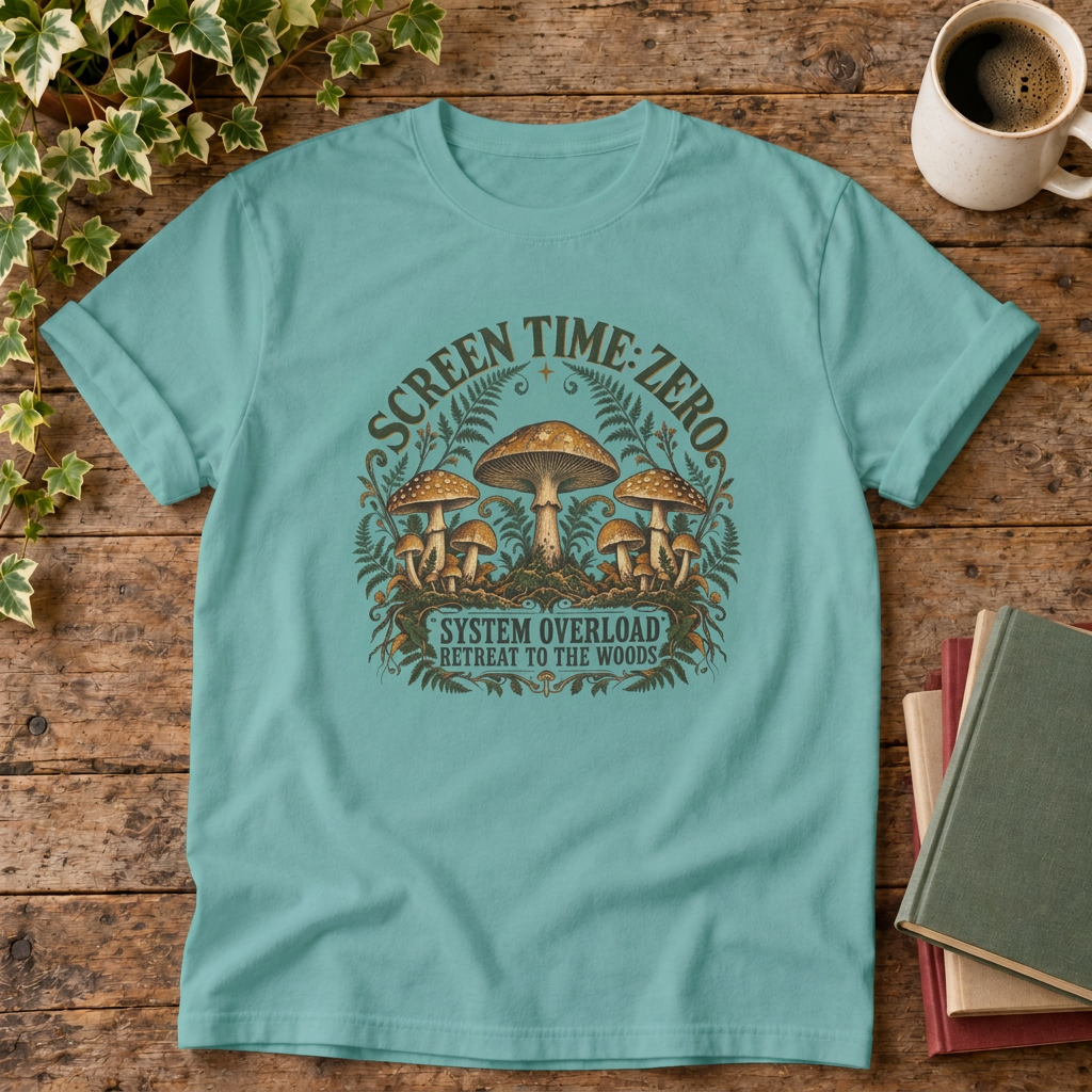 Screen time zero mushroom t-shirt in Seafoam, rustic flat lay