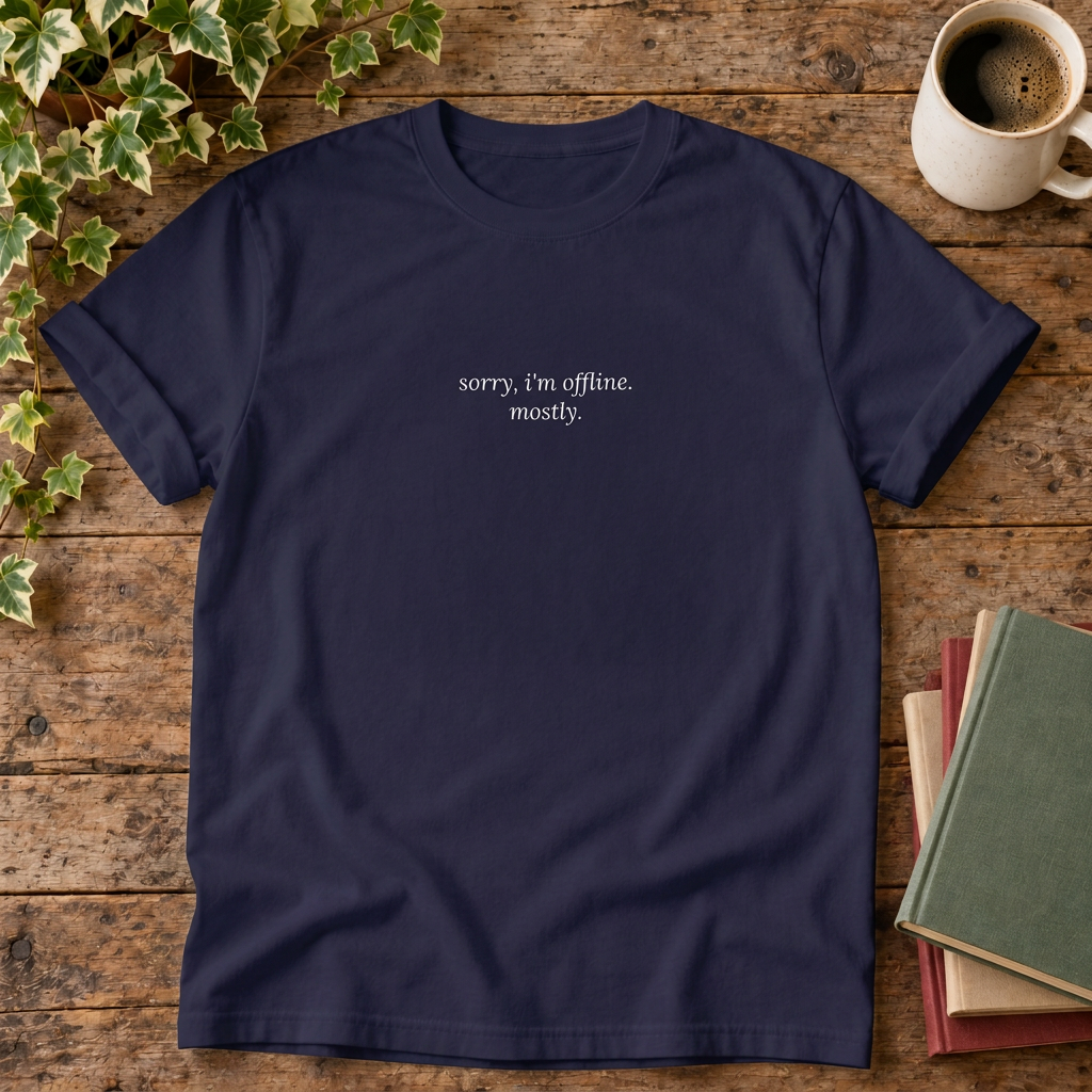 True Navy sorry I'm offline mostly t-shirt, stylised wood flat lay