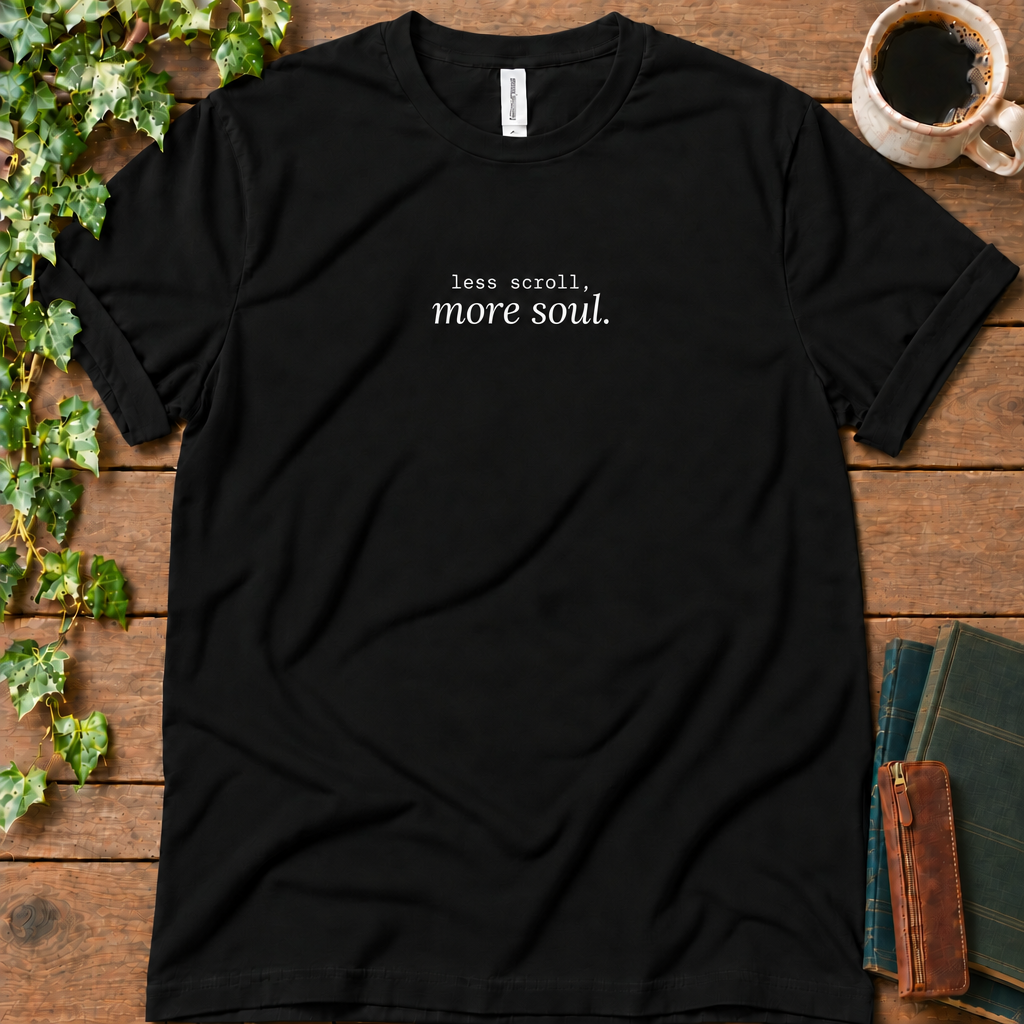 Black regular-fit tee printed with less scroll, more soul., flat lay on rustic wood with ivy, coffee and vintage books